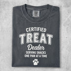 Comfort Colors t-shirt with "Certified Treat Dealer" text and paw print.