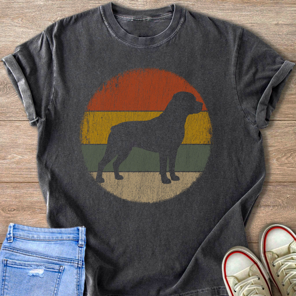 Rottweiler silhouette on a distressed vintage sunset graphic on a dark grey t-shirt.
