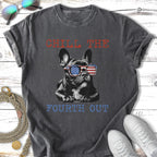 French bulldog wearing American flag sunglasses with text "Chill The Fourth Out."