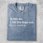 Blue Comfort Colors t-shirt with "it was me. i let the dogs out. they asked." text.