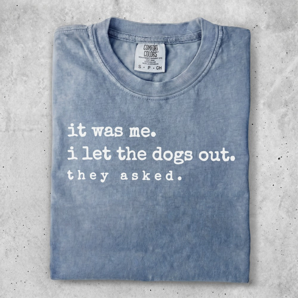 Blue Comfort Colors t-shirt with "it was me. i let the dogs out. they asked." text.