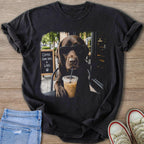 Chocolate lab wearing sunglasses sips iced coffee; blackboard reads "Coffee Good Days & Labs".