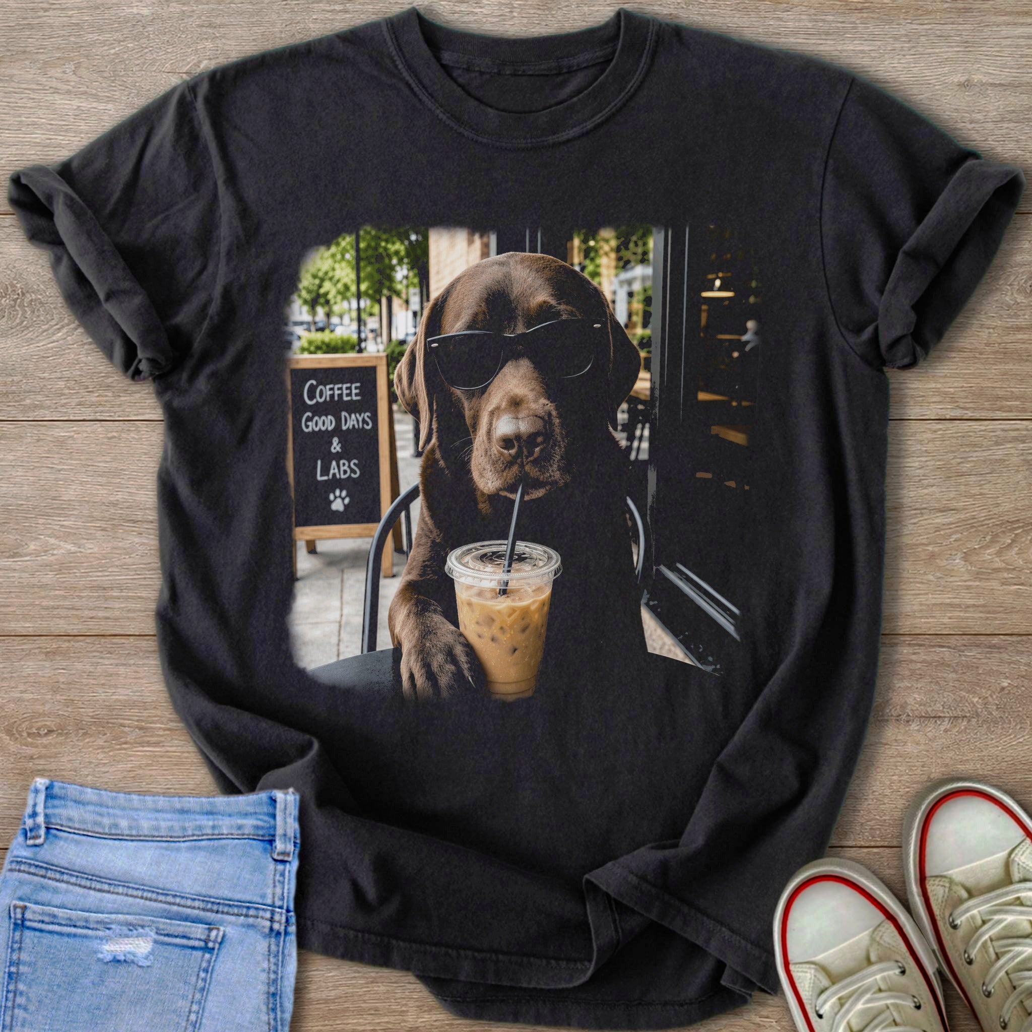 Chocolate lab wearing sunglasses sips iced coffee; blackboard reads "Coffee Good Days & Labs".