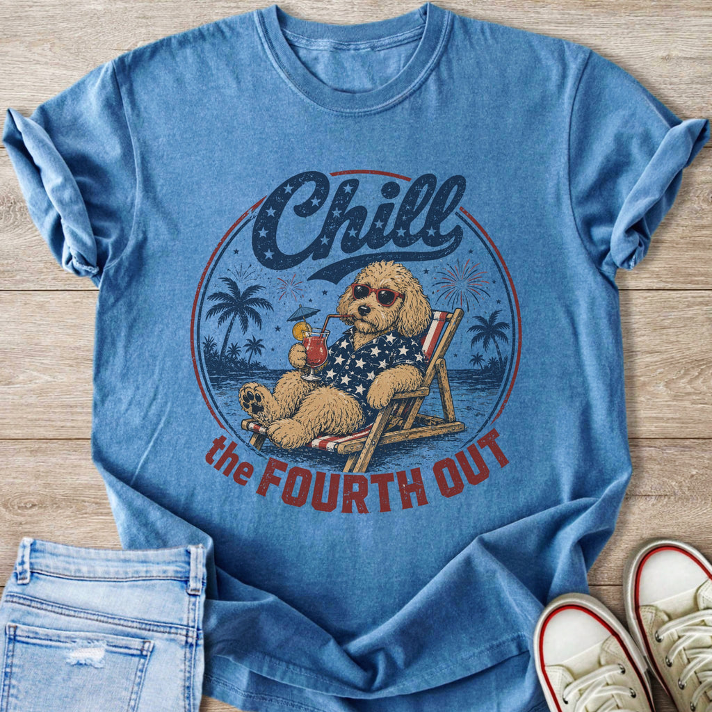 Dog in lounge chair with drink and patriotic theme: "Chill the Fourth Out"