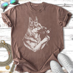 Brown t-shirt with sketch of German Shepherd holding a dandelion.