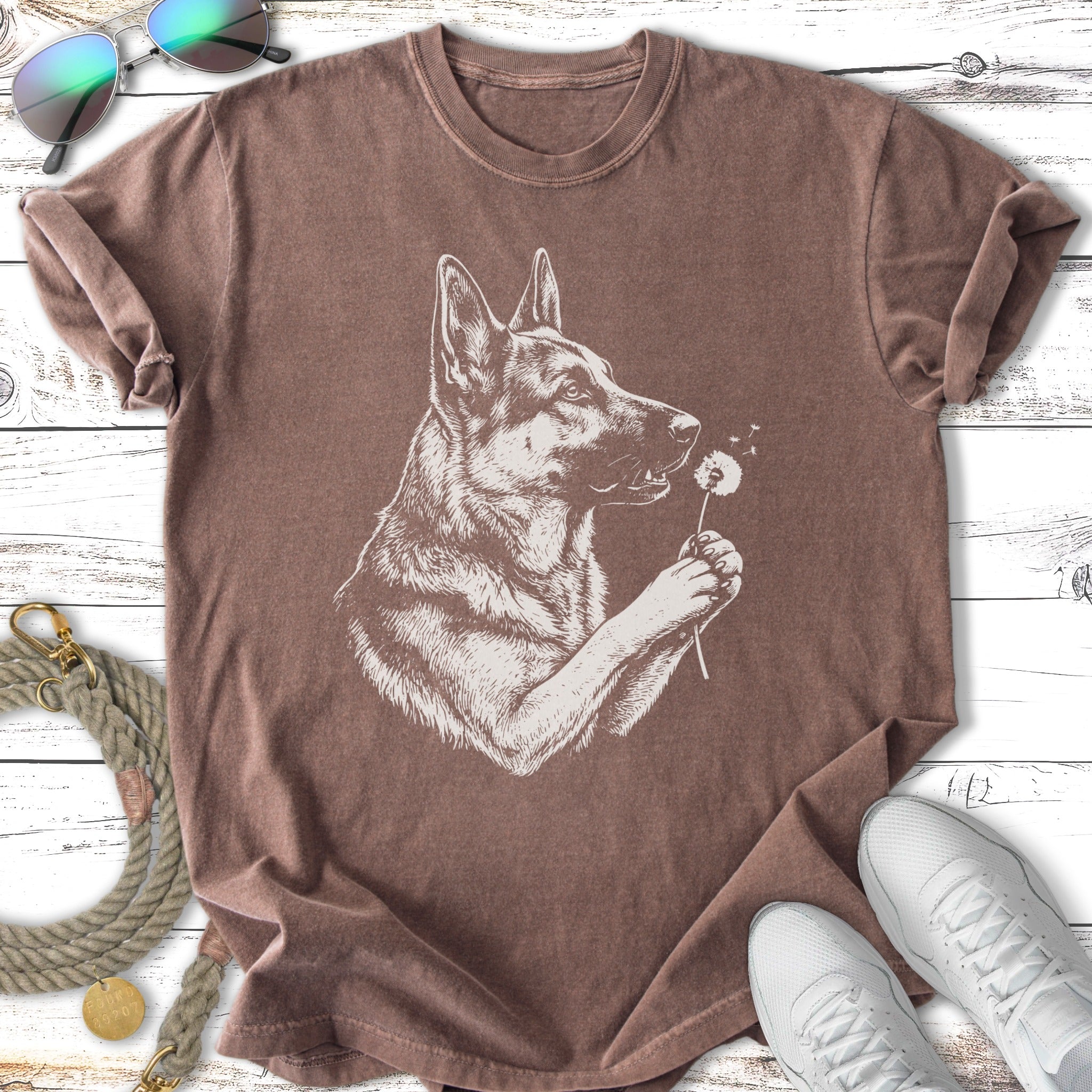 Brown t-shirt with sketch of German Shepherd holding a dandelion.