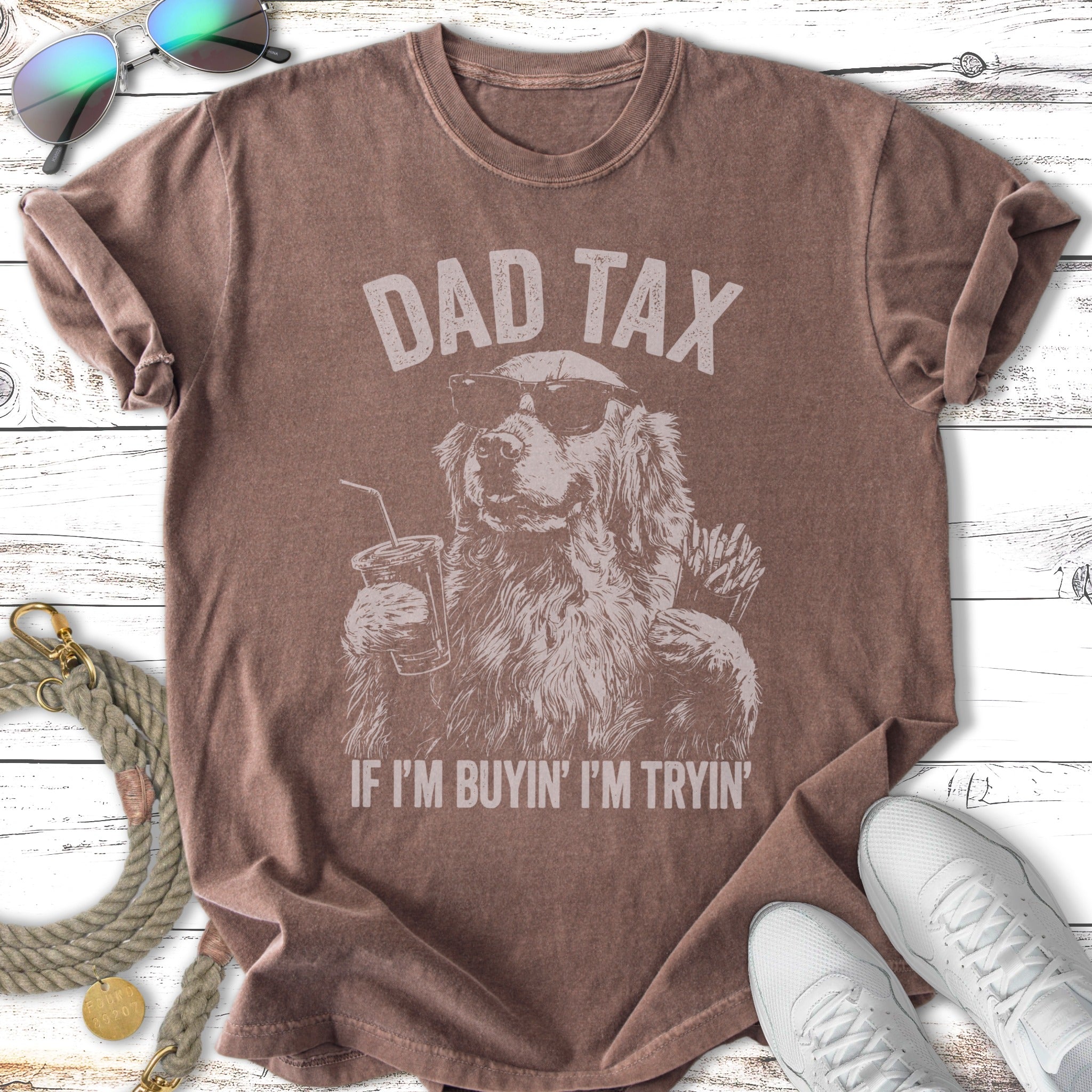 T-shirt with "Dad Tax" graphic of a dog drinking and eating fries.