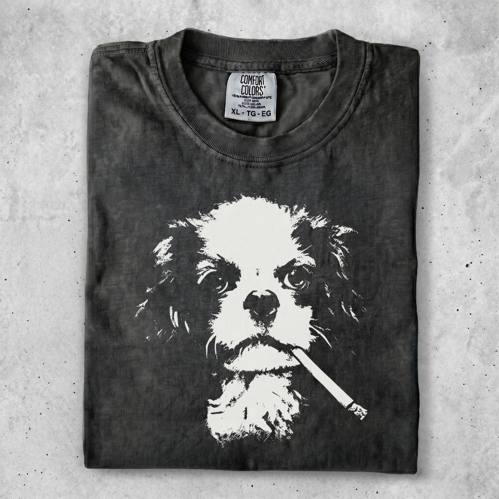 Dark gray t-shirt with a black and white graphic of a dog holding a cigarette in its mouth.