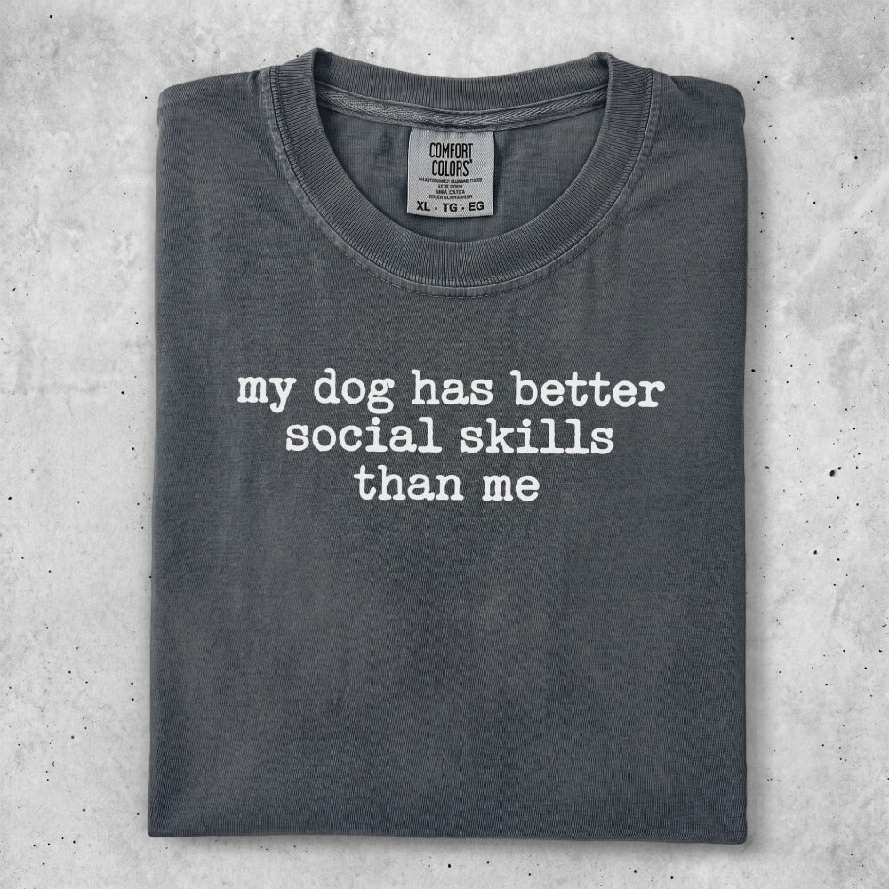 Comfort Colors t-shirt with "my dog has better social skills than me" text.