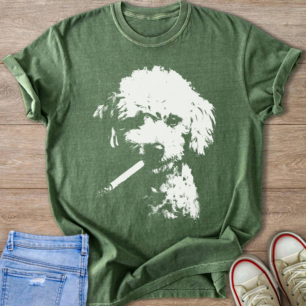 Green t-shirt with white graphic of a dog holding a cigarette.