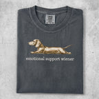 Charcoal t-shirt with a dachshund graphic and "emotional support wiener" text.