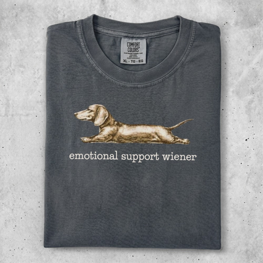Charcoal t-shirt with a dachshund graphic and "emotional support wiener" text.