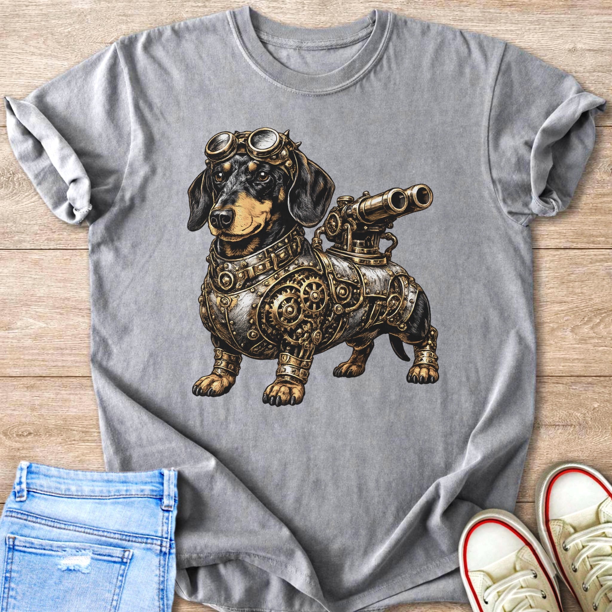 Steampunk dachshund with goggles and telescope on a grey t-shirt.