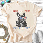 French bulldog wearing sunglasses with American flag design, "Chill the Fourth Out" text.