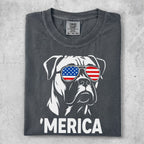 T-shirt with a white dog wearing American flag sunglasses, "MERICA" text.