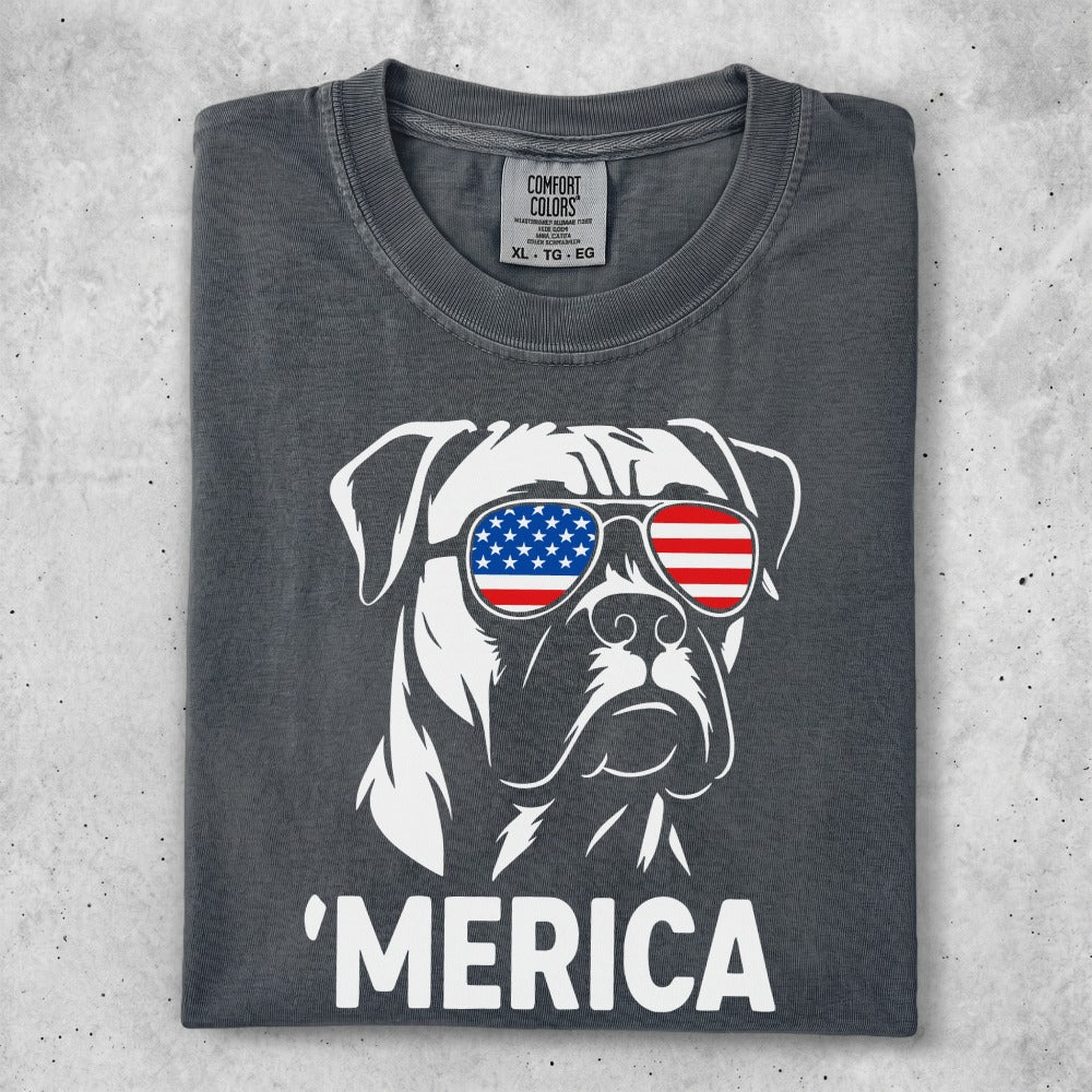 T-shirt with a white dog wearing American flag sunglasses, "MERICA" text.