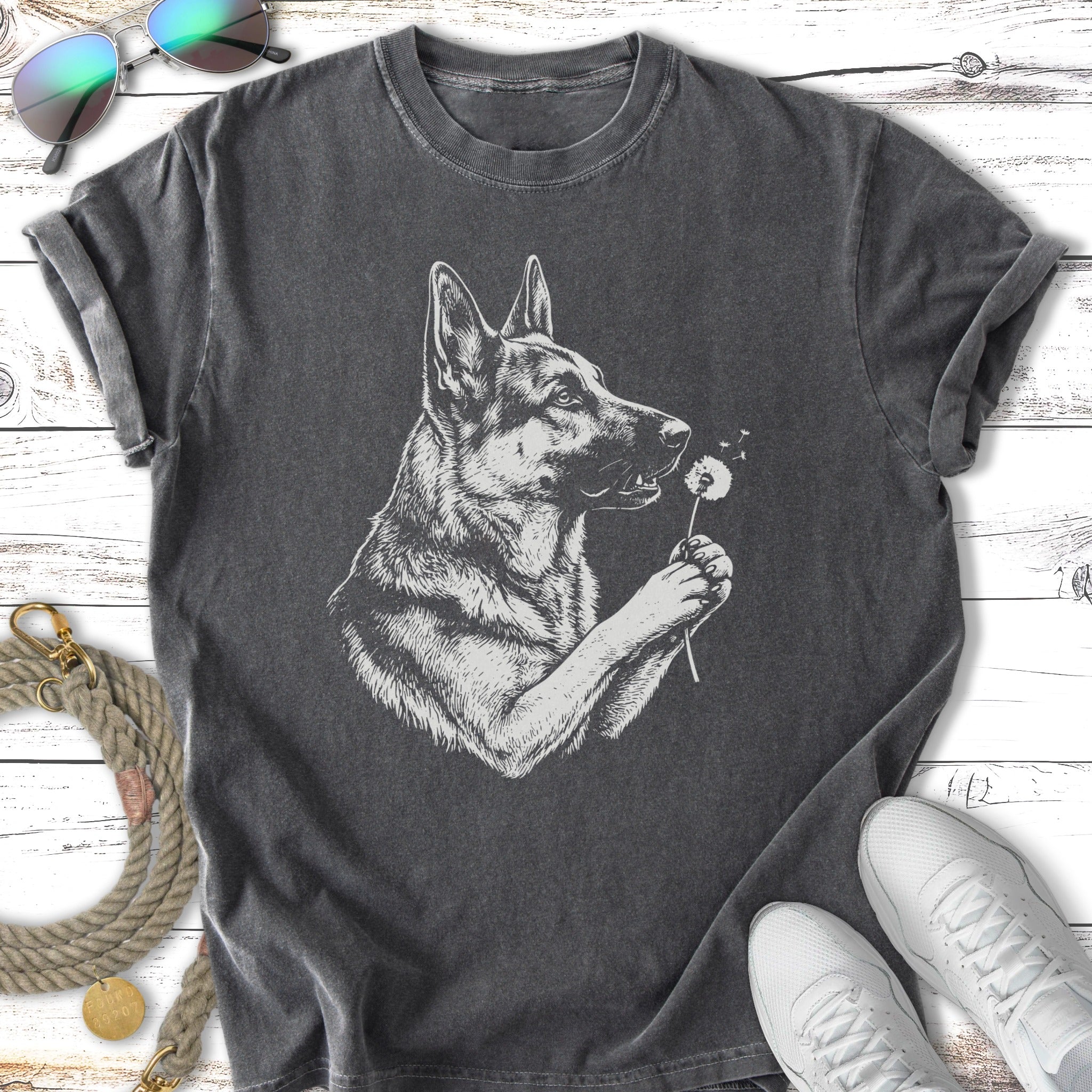Sketch of a German Shepherd holding a dandelion, on a dark grey t-shirt.