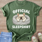 Green t-shirt with white text "OFFICIAL SLEEPSHIRT" and sleeping French bulldog illustration.