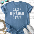 Blue t-shirt with "BEST DOG DAD EVER" text.