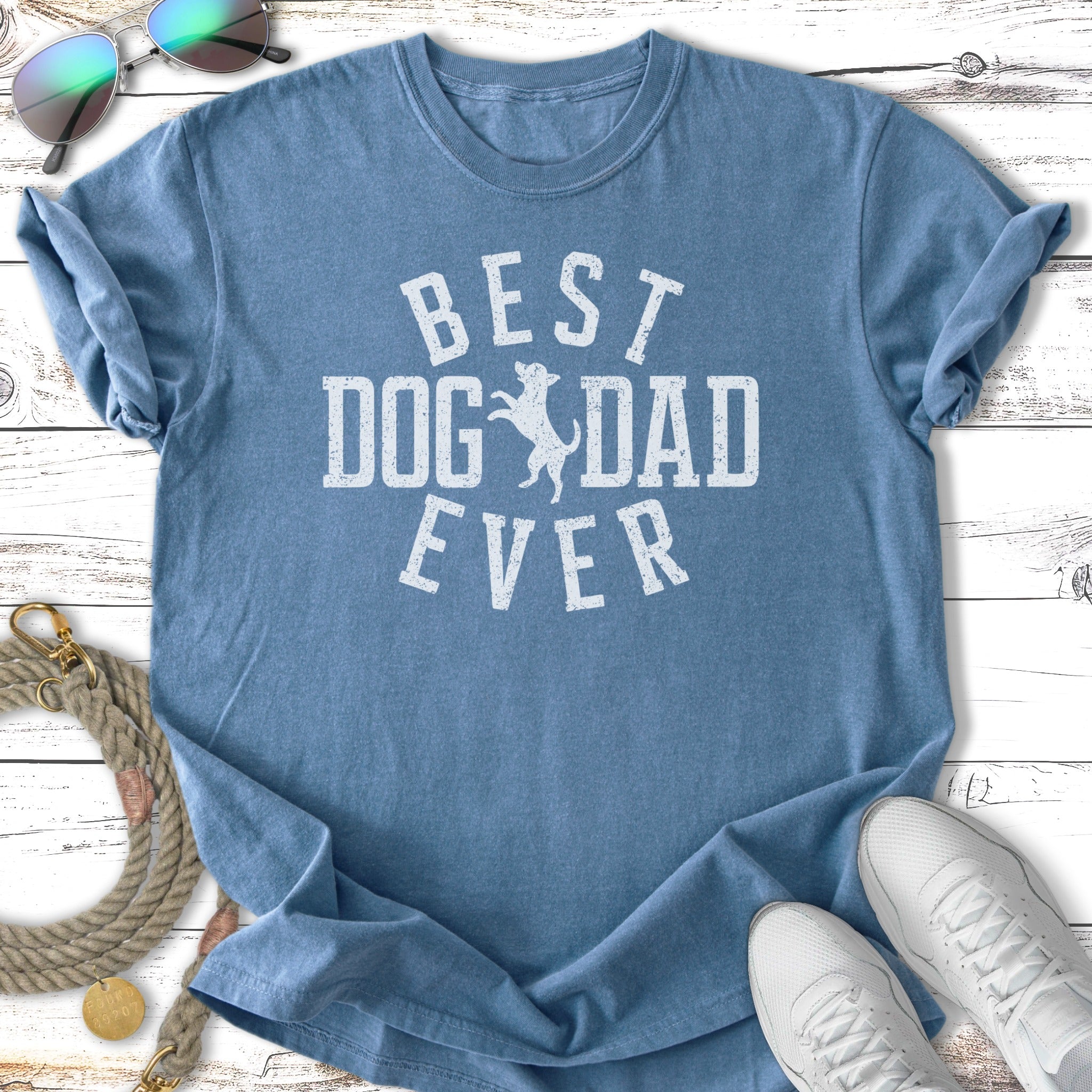 Blue t-shirt with "BEST DOG DAD EVER" text.