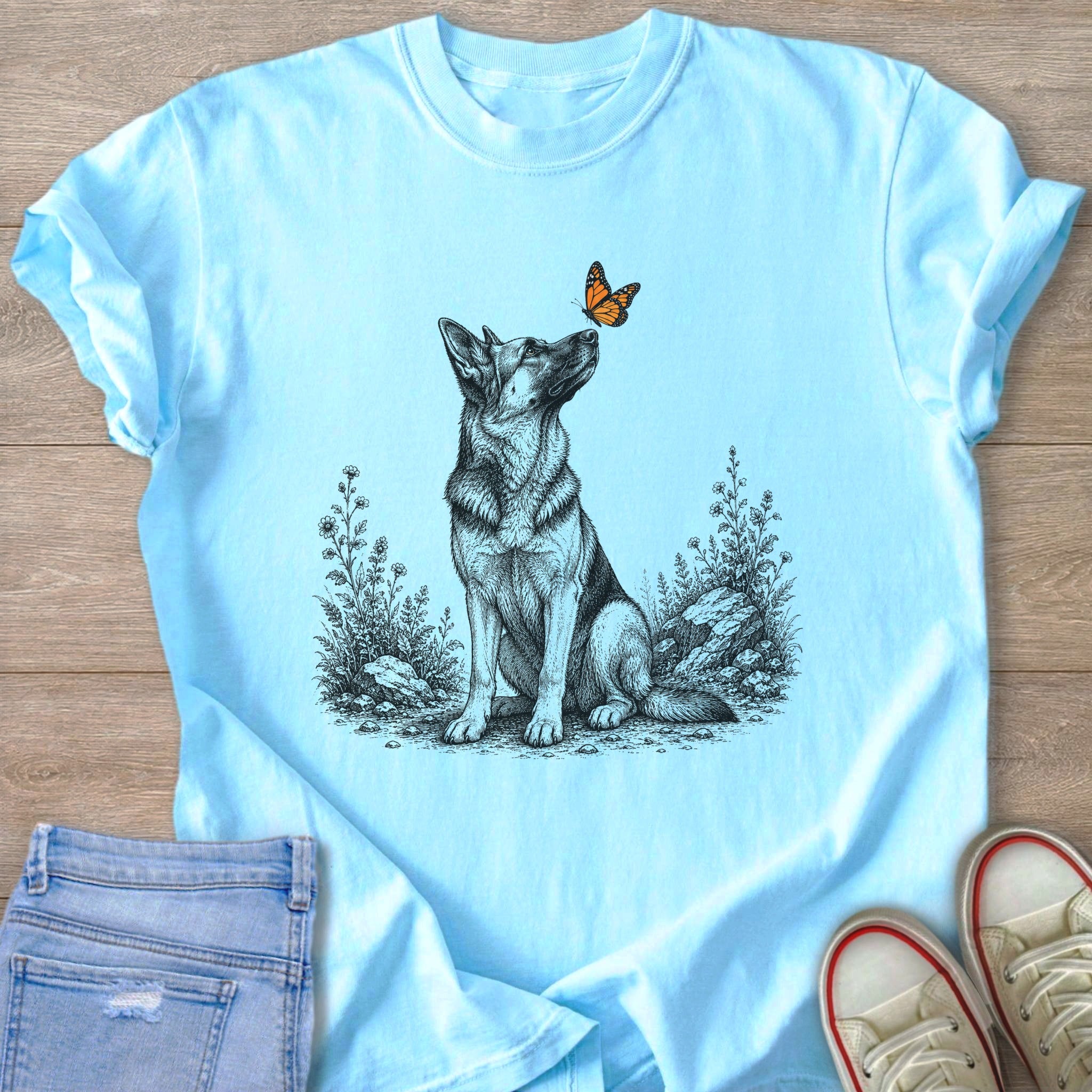 Line drawing of a German Shepherd dog with a butterfly on its nose on a light blue t-shirt.