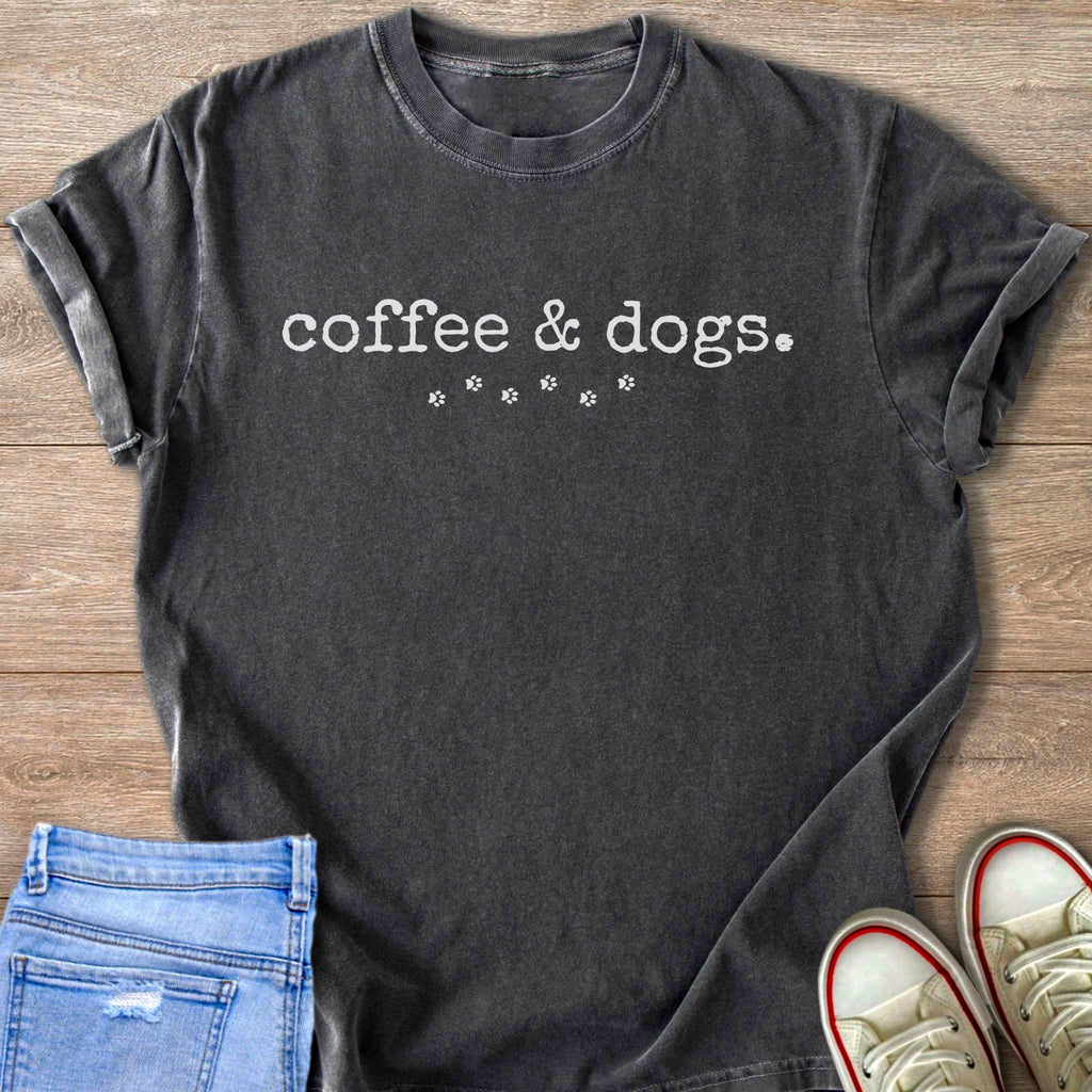 Charcoal t-shirt with "coffee & dogs." text and paw prints.