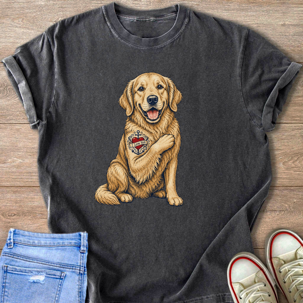 Golden retriever with "I Love Mom" tattoo on its chest.