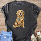 Golden retriever with "I Love Mom" tattoo on its chest.