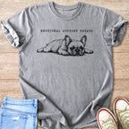 Grey t-shirt with "EMOTIONAL SUPPORT POTATO" text and a drawing of a French bulldog.