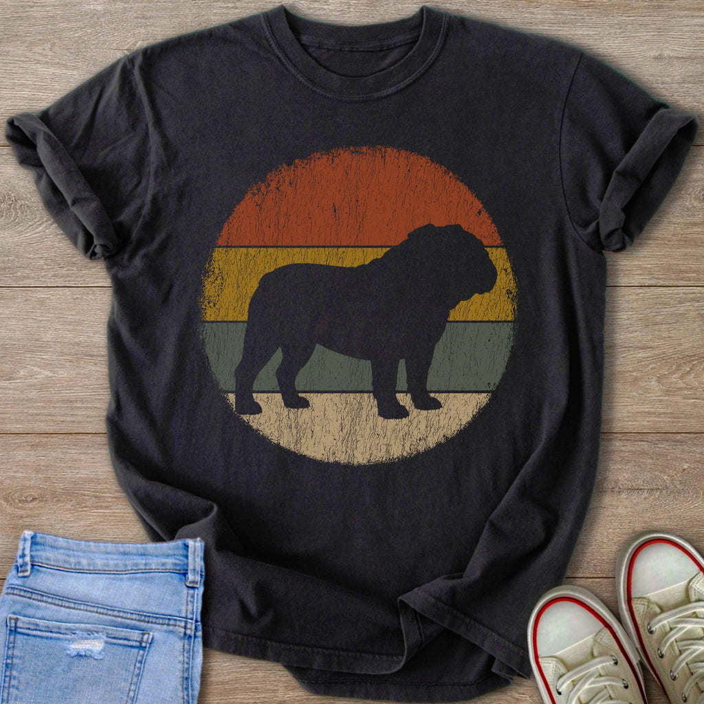 Dark t-shirt with a distressed vintage sunset and bulldog silhouette graphic.