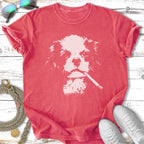 T-shirt featuring a stylized white illustration of a dog with a cigarette.