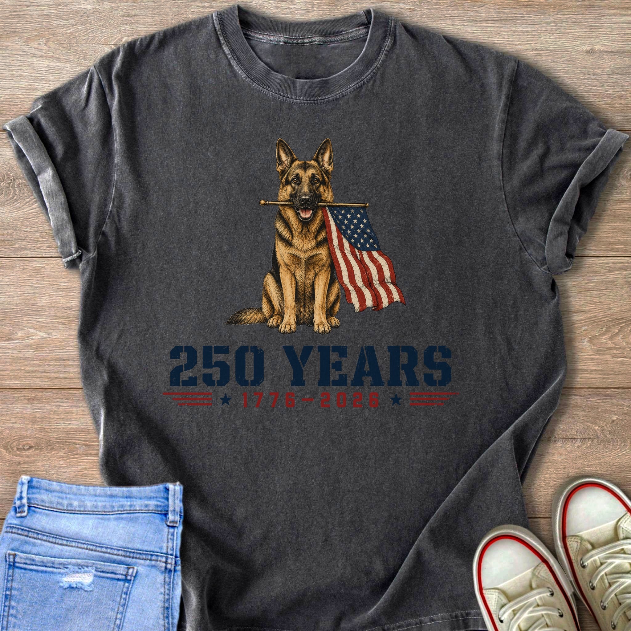 German Shepherd holding American flag with text "250 YEARS 1776 - 2026"