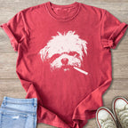 Red t-shirt with white distressed print of a dog's face holding a cigarette.