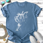 Blue t-shirt featuring a white sketched portrait of a Yorkshire Terrier dog.
