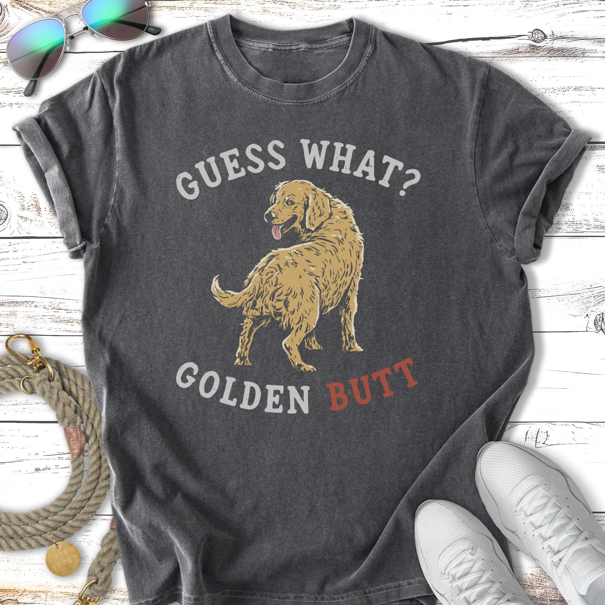 T-shirt with "Guess What? Golden Butt" text and a golden retriever.