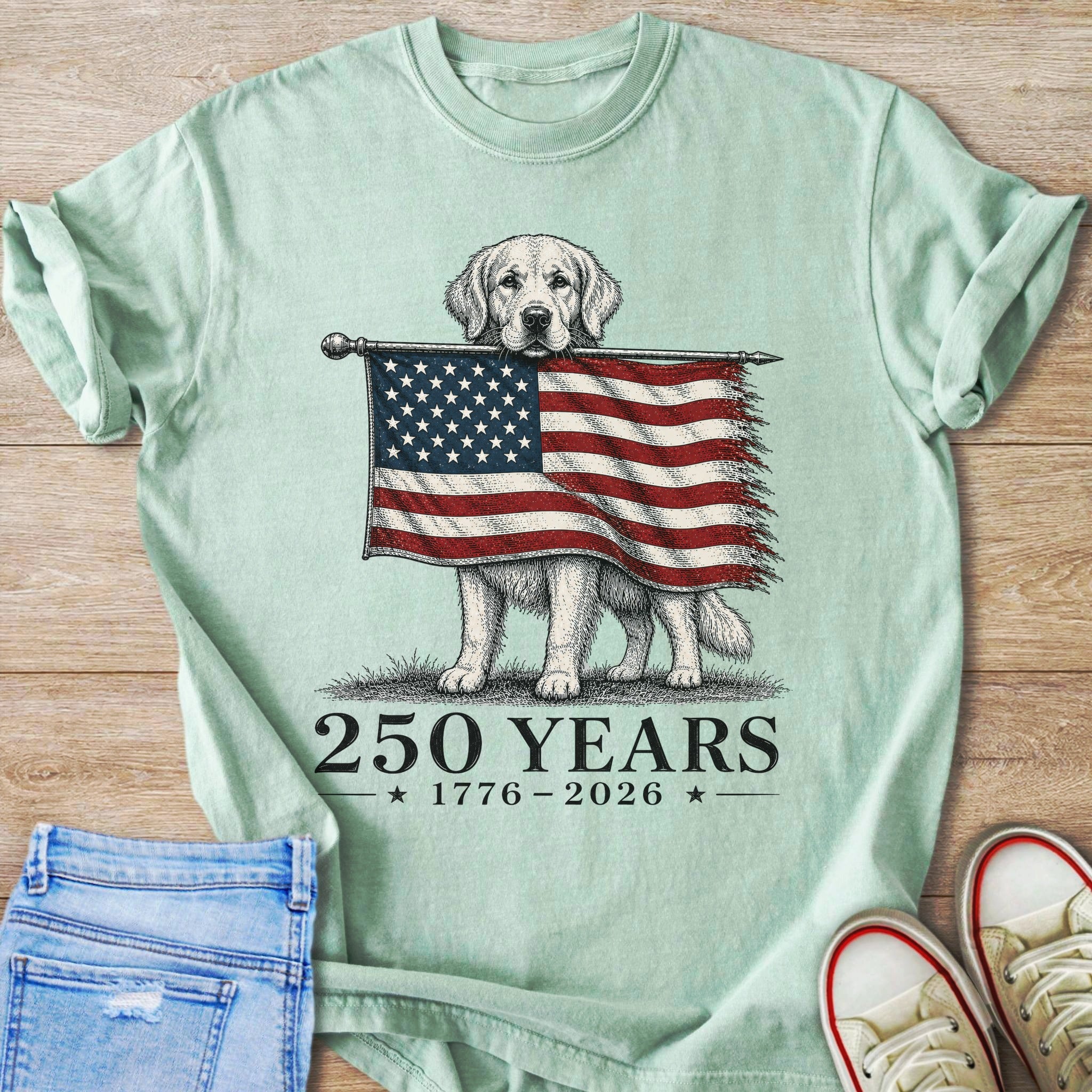 Golden retriever holds American flag with text "250 YEARS 1776-2026".