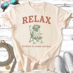Pug in a hat sitting in a chair with text "RELAX NOTHING IS UNDER CONTROL".