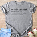 Gray t-shirt with text defining "weenietrovert" as someone preferring dachshunds over humans.
