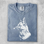 Bleached blue t-shirt with a white German Shepherd dog outline graphic.
