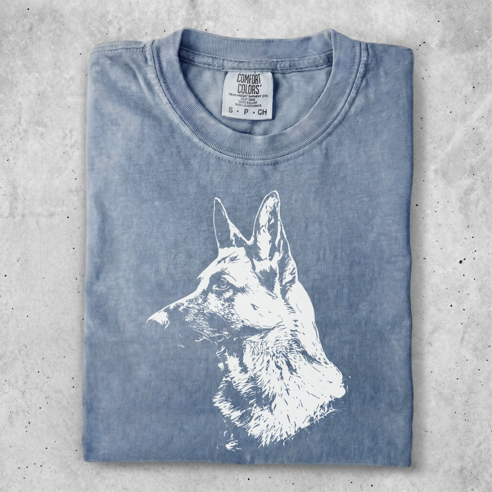 Bleached blue t-shirt with a white German Shepherd dog outline graphic.