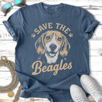 Blue t-shirt with a beagle dog graphic and "Save the Beagles" text.