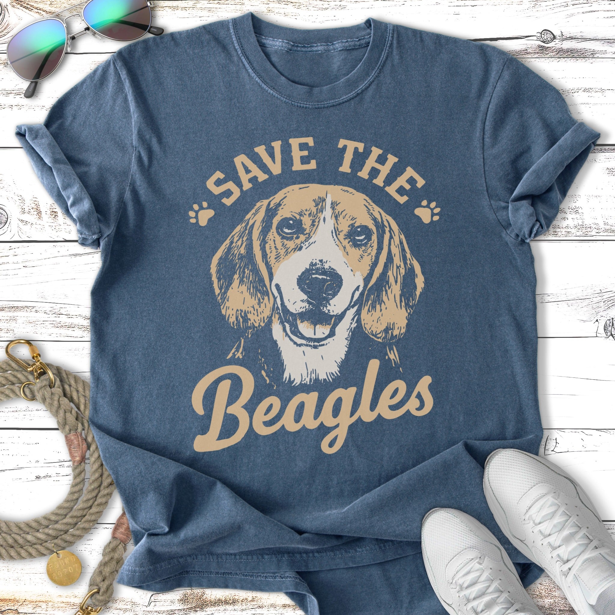 Blue t-shirt with a beagle dog graphic and "Save the Beagles" text.