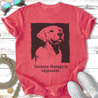 Distressed t-shirt with a golden retriever and text "because therapy is expensive."
