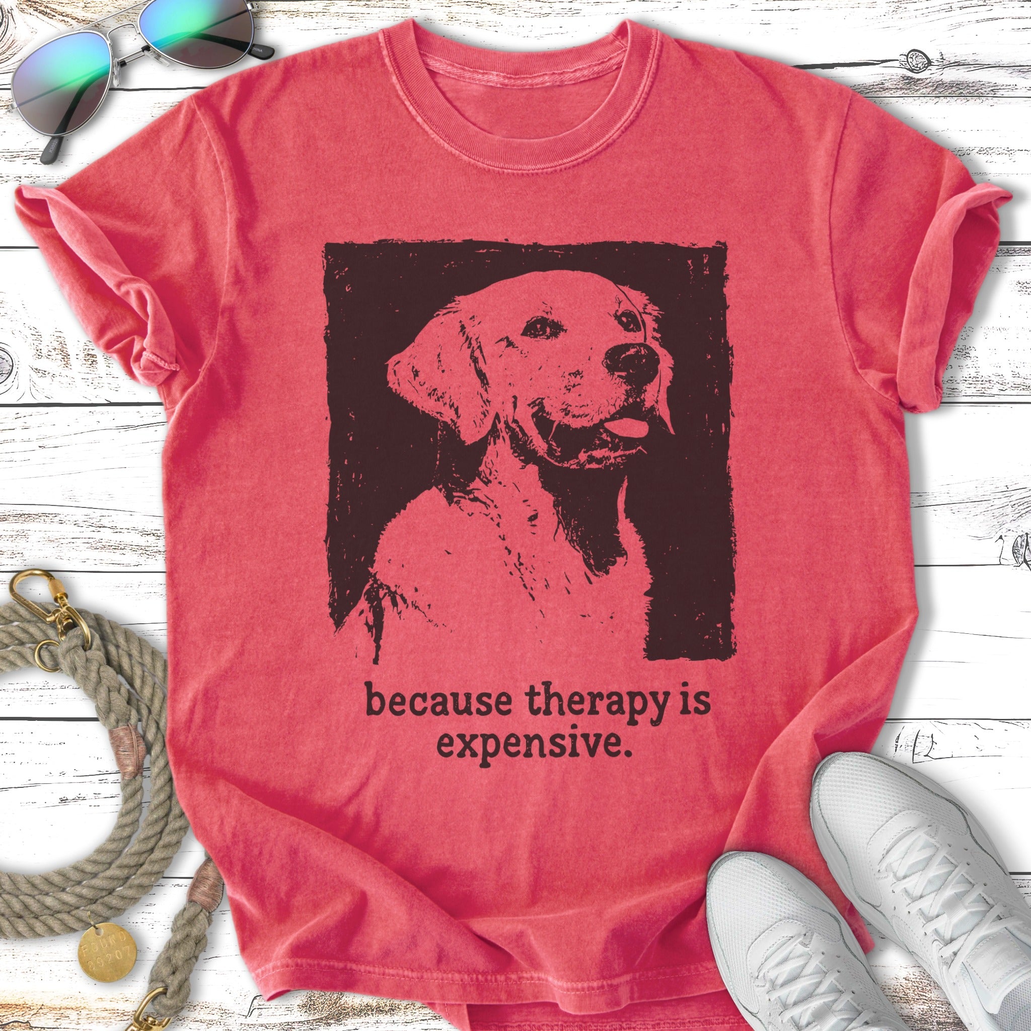 Distressed t-shirt with a golden retriever and text "because therapy is expensive."