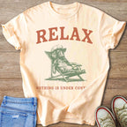 Peach t-shirt with "RELAX" and a dachshund lounging in a chair.