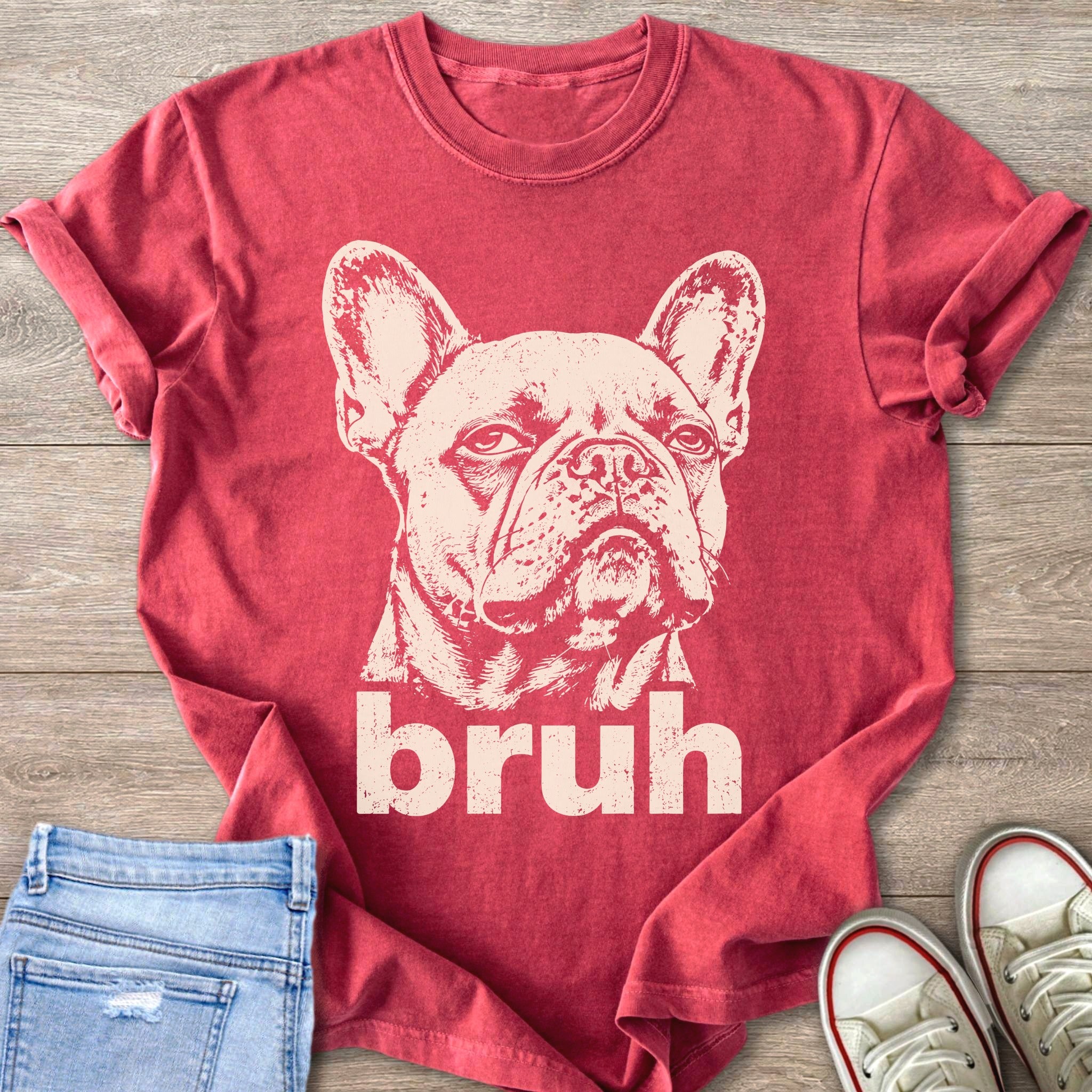 Red t-shirt with distressed French bulldog graphic and "bruh" text.