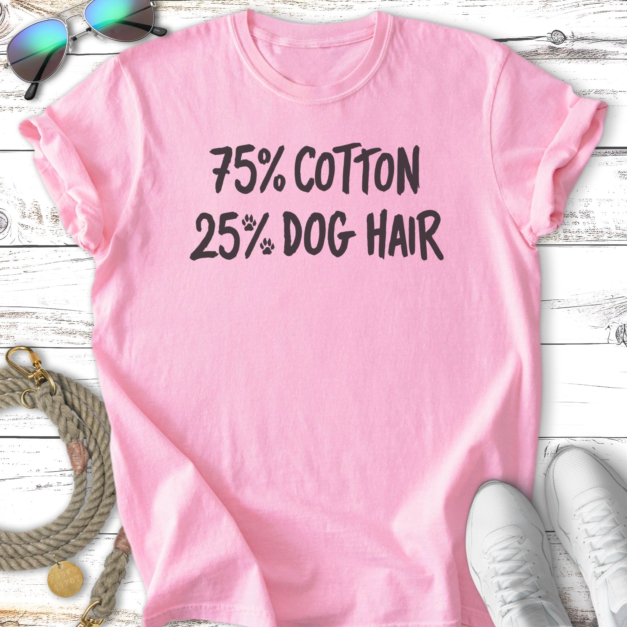 Pink t-shirt with "75% COTTON 25% DOG HAIR" printed in black text.