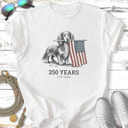 Dachshund holding American flag; 250 Years 1776-2026 text.
