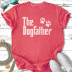 Coral t-shirt with "The Dogfather" and paw prints in white.