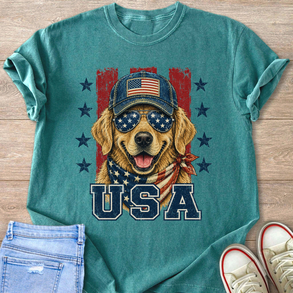 Golden Retriever wearing sunglasses and a bandana, with "USA" text.